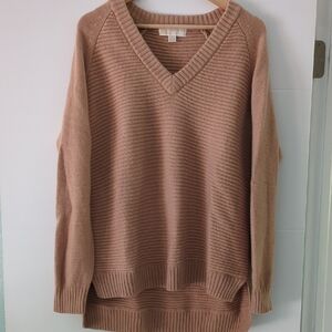 Michael Kors Merino Wool Cashmere Blend Oversized V-Neck Ribbed Camel Sweater L